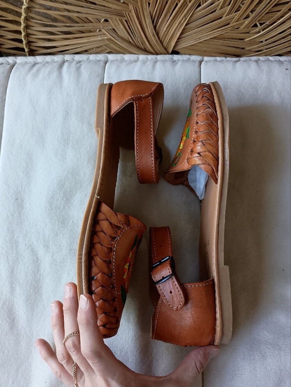 Cemoons Women's Brown Leather Sandals with Yellow Sunflower Embroidery_10 - Picture 8 of 9
